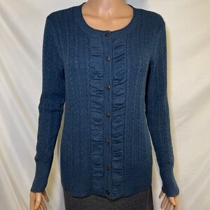 Eddie Bauer Navy Cable Knit Button Up Ruffle Cardigan Sweater Size Medium